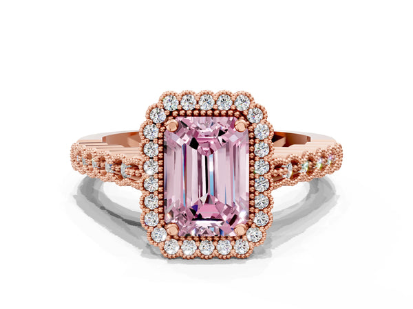 Rose gold Fancy Pink Emerald Cut Cut Halo Pavé Solitaire Ring with Milgrain Band