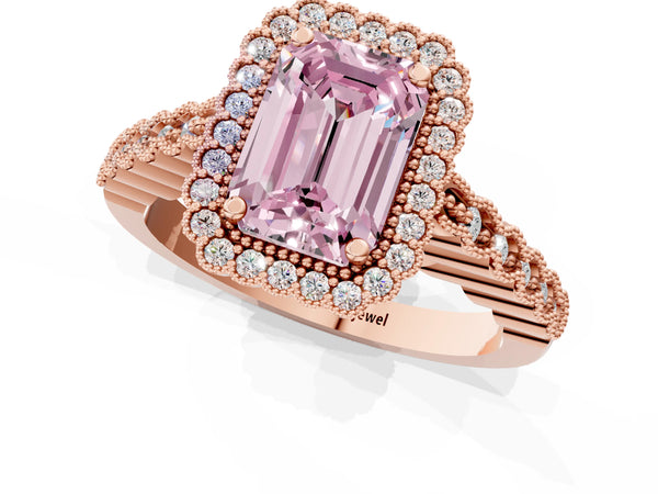 Rose gold Fancy Pink Emerald Cut Cut Halo Pavé Solitaire Ring with Milgrain Band