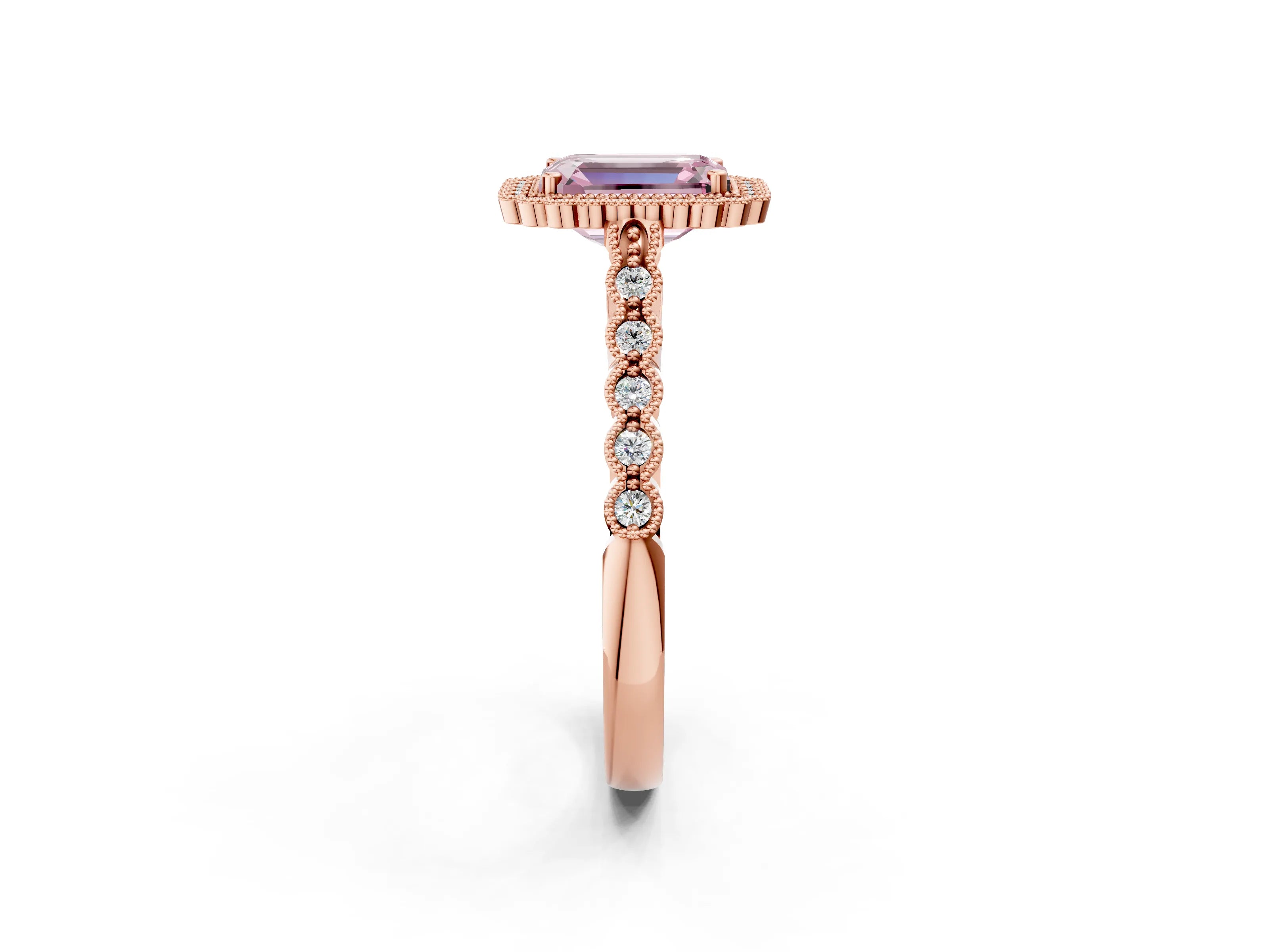 Rose gold Fancy Pink Emerald Cut Cut Halo Pavé Solitaire Ring with Milgrain Band_2