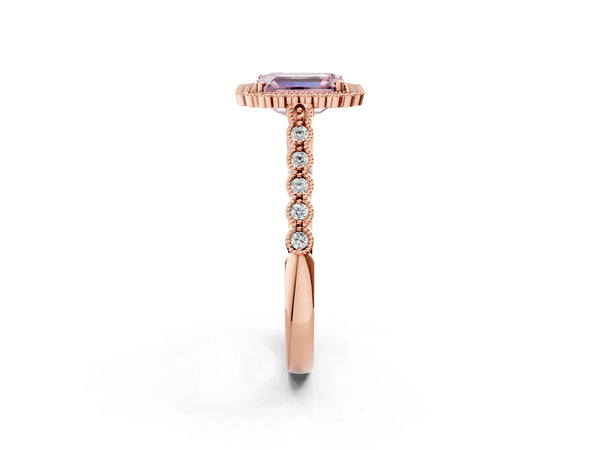 Rose gold Fancy Pink Emerald Cut Cut Halo Pavé Solitaire Ring with Milgrain Band