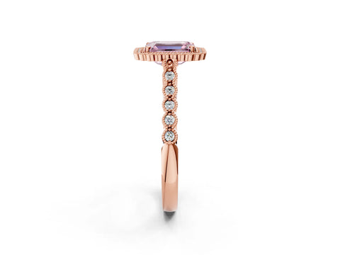 Rose gold Fancy Pink Emerald Cut Cut Halo Pavé Solitaire Ring with Milgrain Band_2