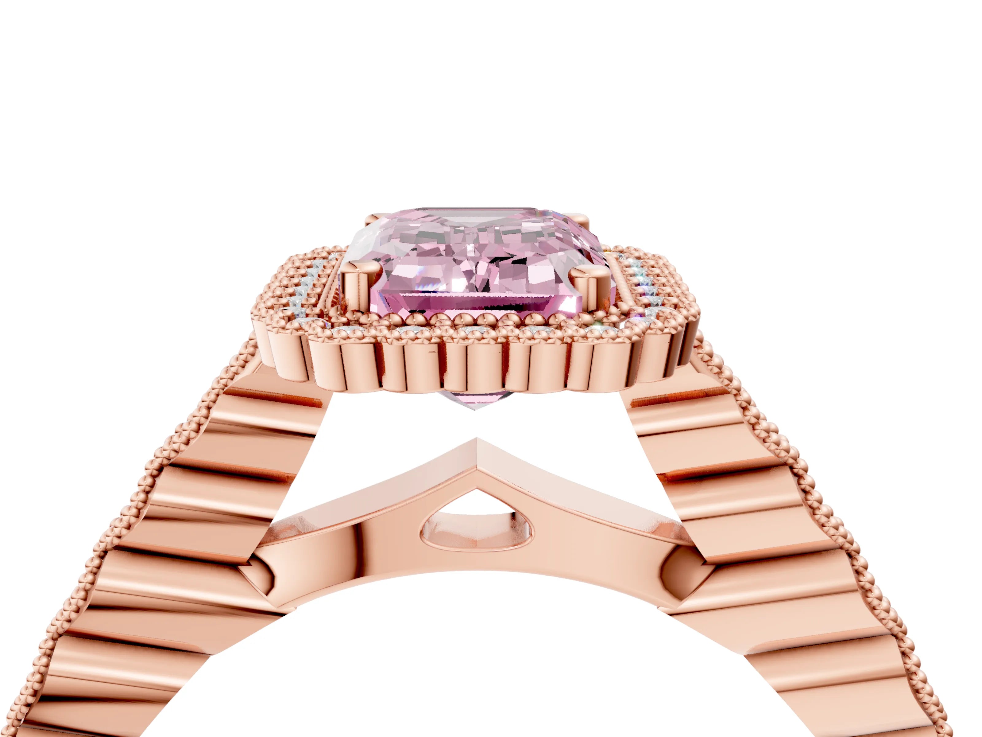 Rose gold Fancy Pink Emerald Cut Cut Halo Pavé Solitaire Ring with Milgrain Band_4