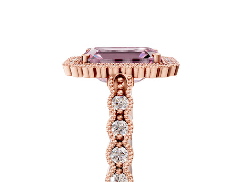 Rose gold Fancy Pink Emerald Cut Cut Halo Pavé Solitaire Ring with Milgrain Band_5