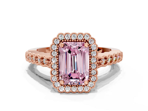 Rose gold Fancy Pink Emerald Cut Cut Halo Pavé Solitaire Ring with Milgrain Band