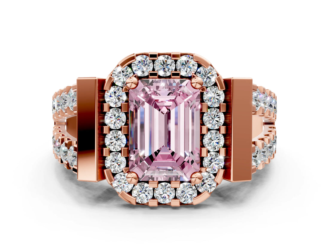 Rose gold Fancy Pink Emerald Cut Cut Halo Split Shank Prong Set Ring