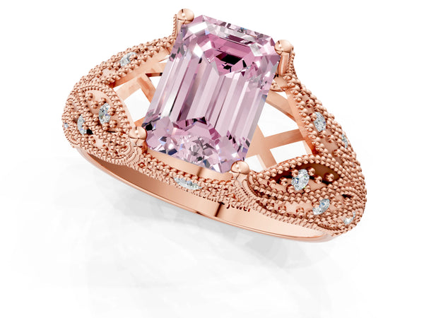 Rose gold Fancy Pink Emerald Cut Cut Milgrain Pave Diamond Engagement Ring with Four-Prong Setting