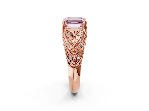 Rose gold Fancy Pink Emerald Cut Cut Milgrain Pave Diamond Engagement Ring with Four-Prong Setting