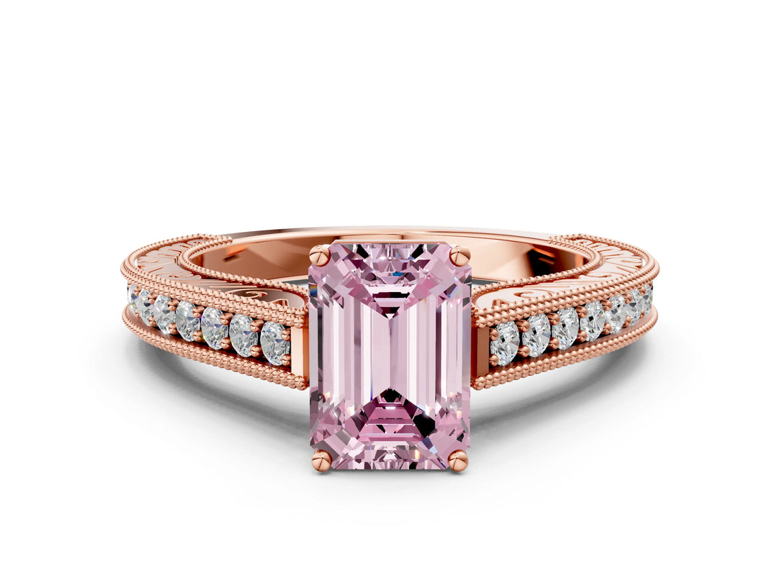 Rose gold Fancy Pink Emerald Cut Cut Pave Band Milgrain Solitaire Ring