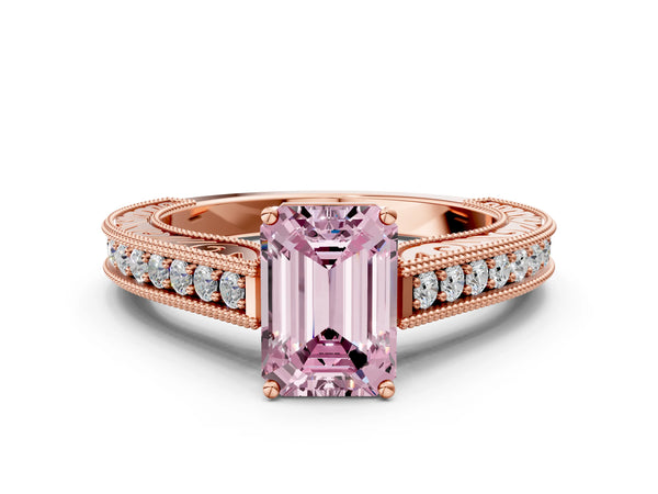 Rose gold Fancy Pink Emerald Cut Cut Pave Band Milgrain Solitaire Ring