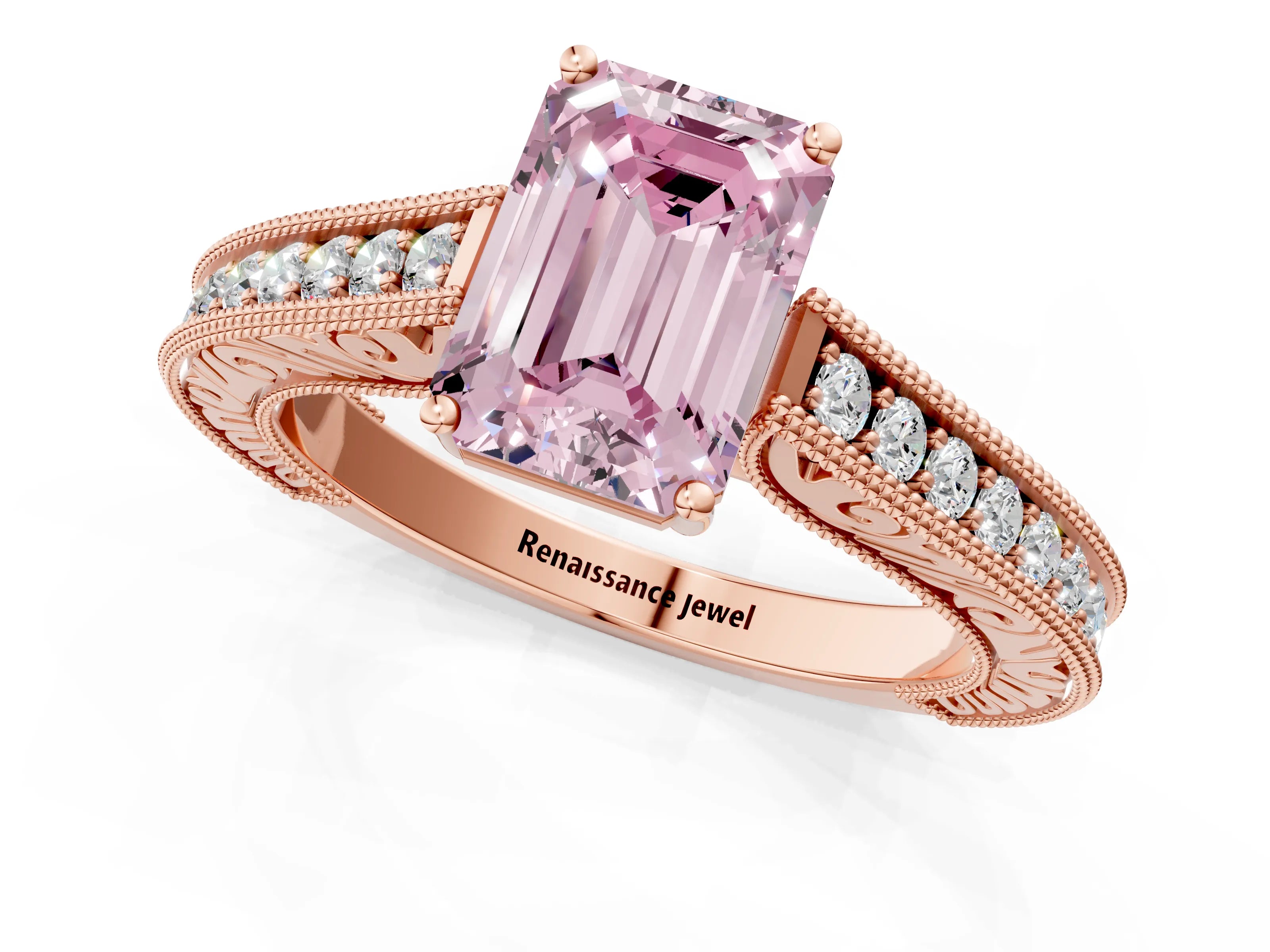 Rose gold Fancy Pink Emerald Cut Cut Pave Band Milgrain Solitaire Ring_1