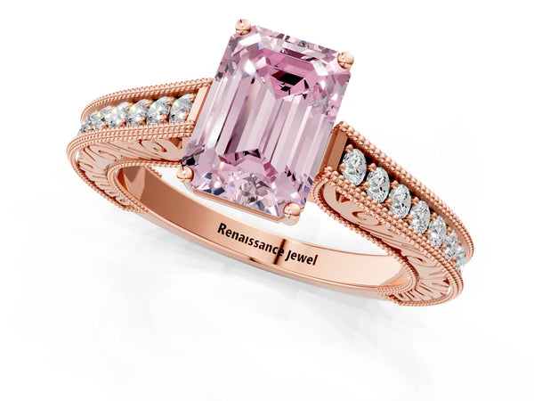 Rose gold Fancy Pink Emerald Cut Cut Pave Band Milgrain Solitaire Ring