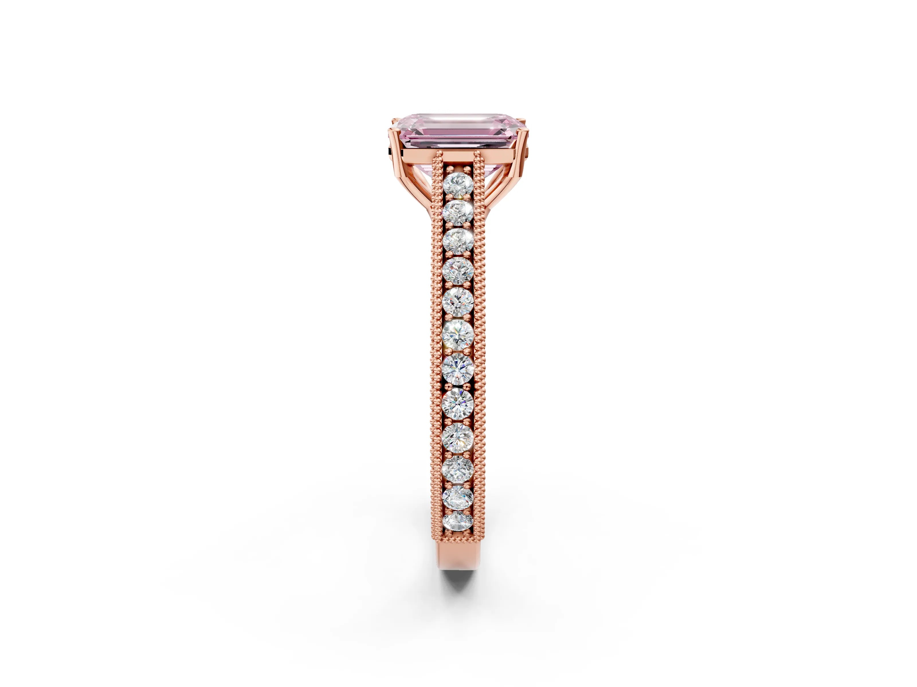 Rose gold Fancy Pink Emerald Cut Cut Pave Band Milgrain Solitaire Ring_2