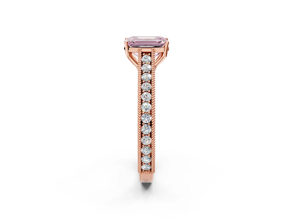 Rose gold Fancy Pink Emerald Cut Cut Pave Band Milgrain Solitaire Ring