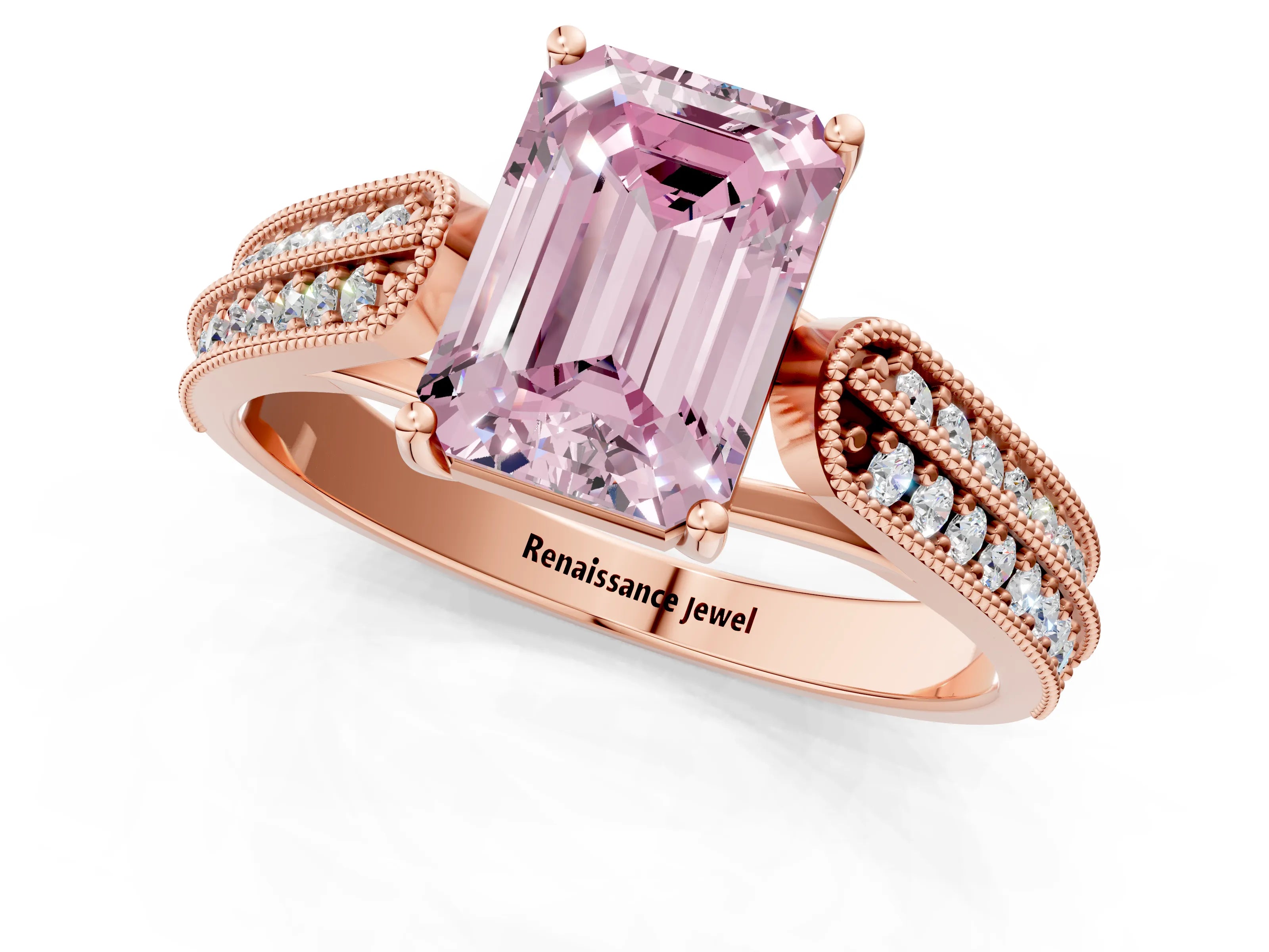 Rose gold Fancy Pink Emerald Cut Cut Pave Split Shank Engagement Ring with Four-Prong Setting_1