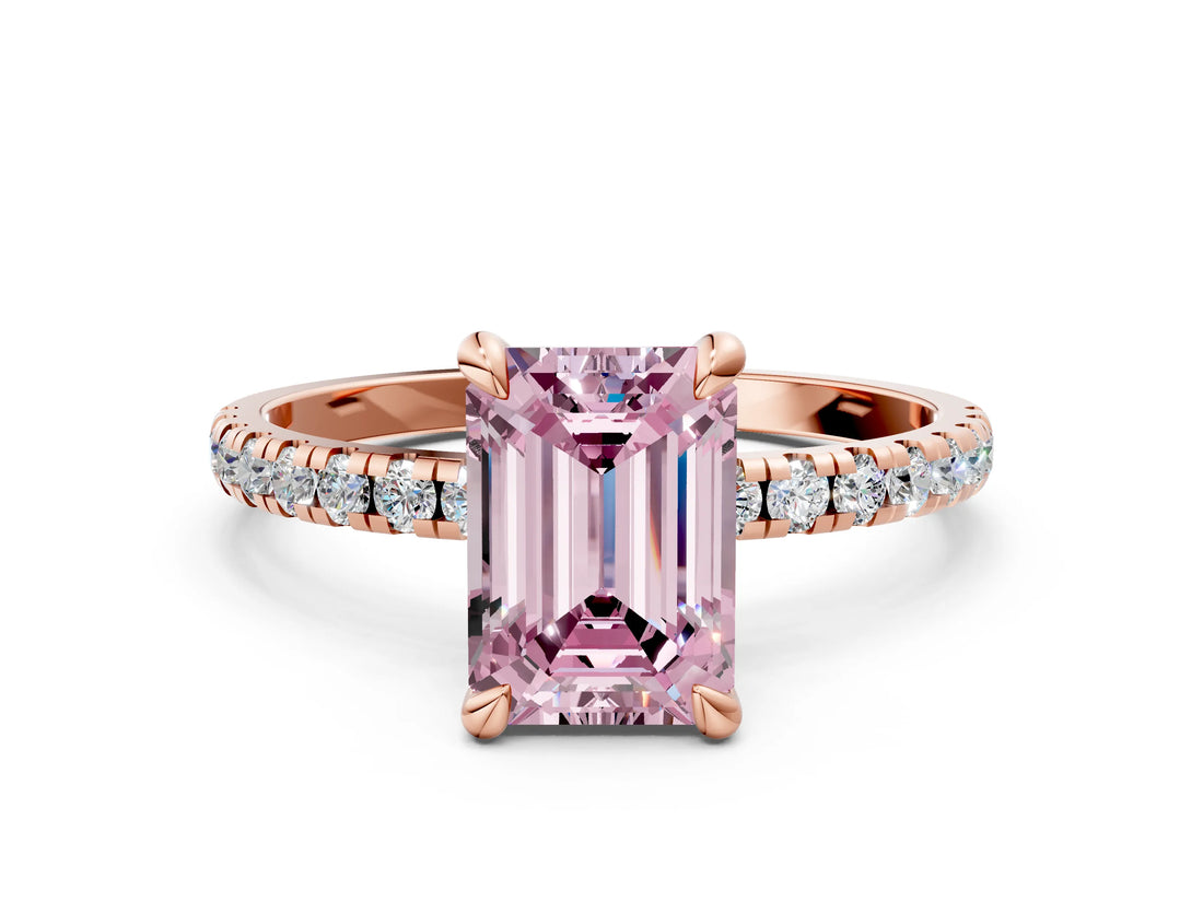 Rose gold Fancy Pink Emerald Cut Diamond Brilliant Solitaire Ring with Pavé Band and Four-Prong Setting_24