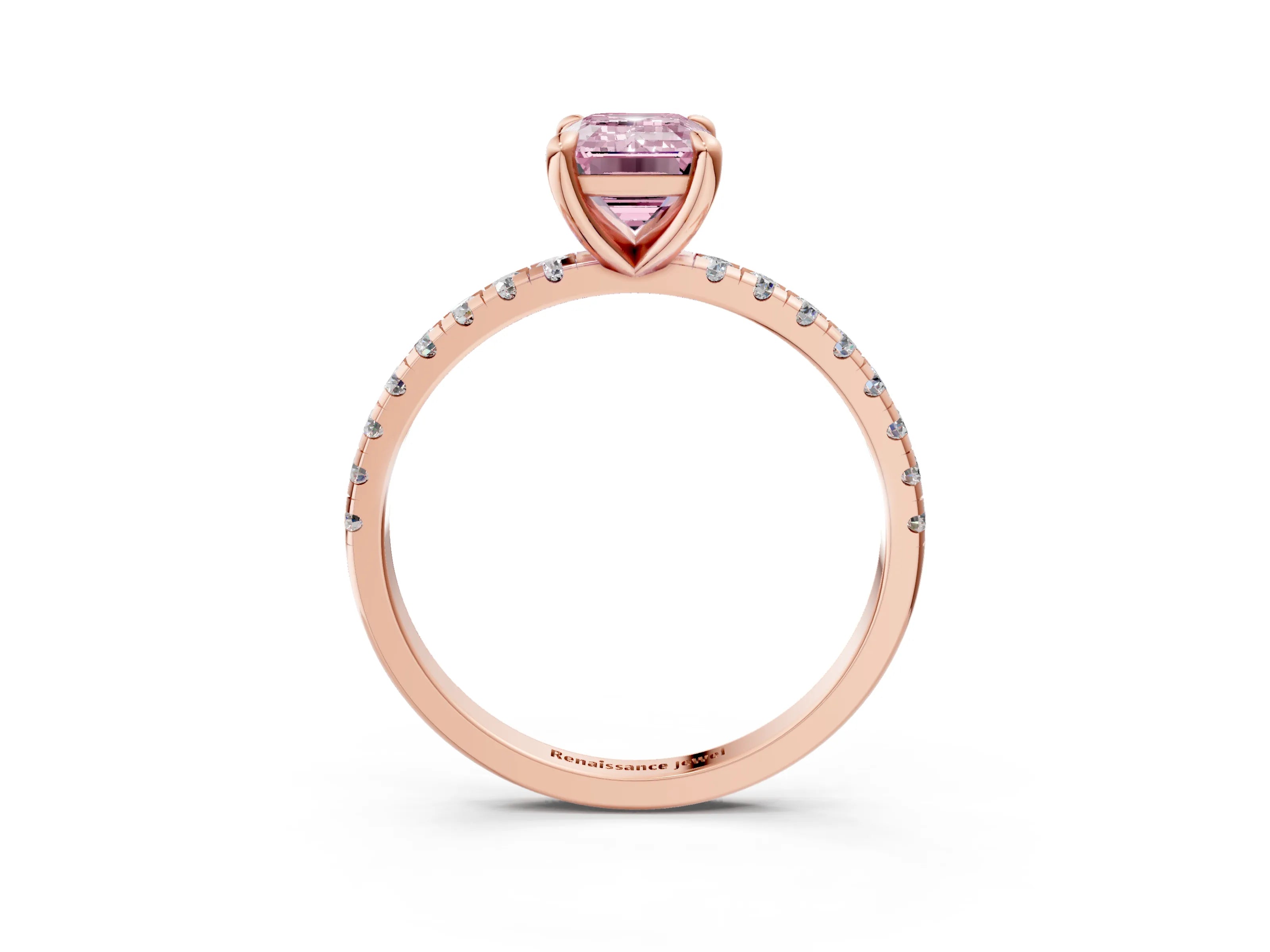 Rose gold Fancy Pink Emerald Cut Diamond Brilliant Solitaire Ring with Pavé Band and Four-Prong Setting_3