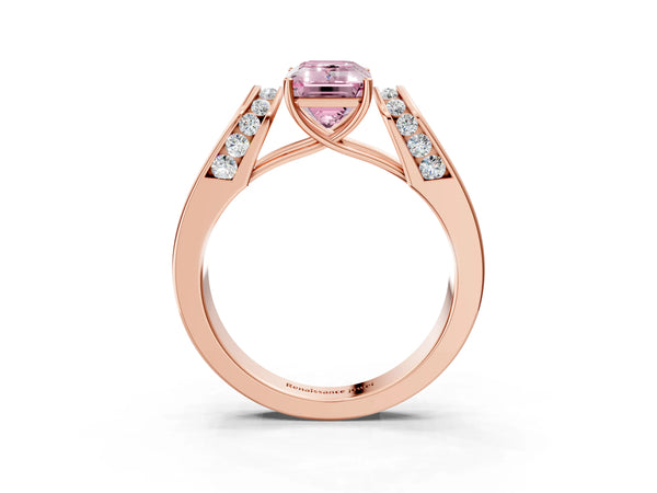 Rose Gold Emerald Cut Channel Set Engagement Ring Setting for Fancy Pink Center with Wide Band