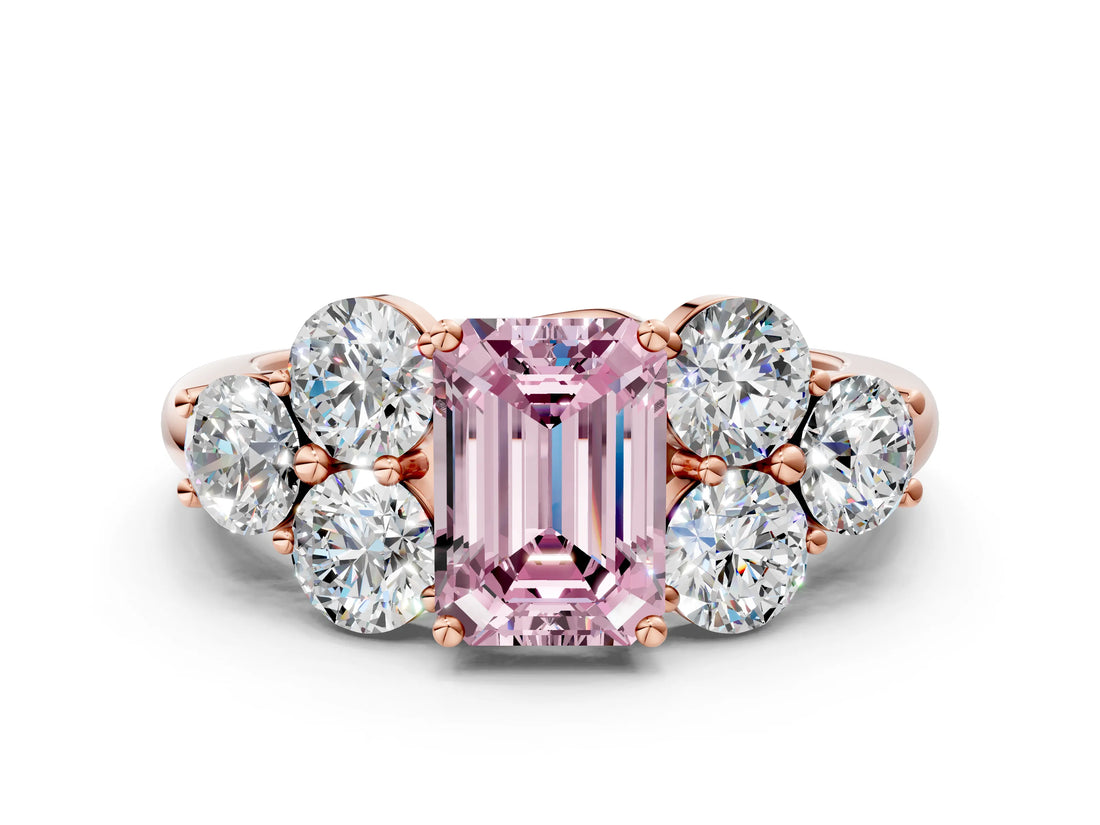 Rose gold Fancy Pink Emerald  Cut Diamond Cluster Ring with Round Accent Stones and Prong Setting on a Classic Band_48