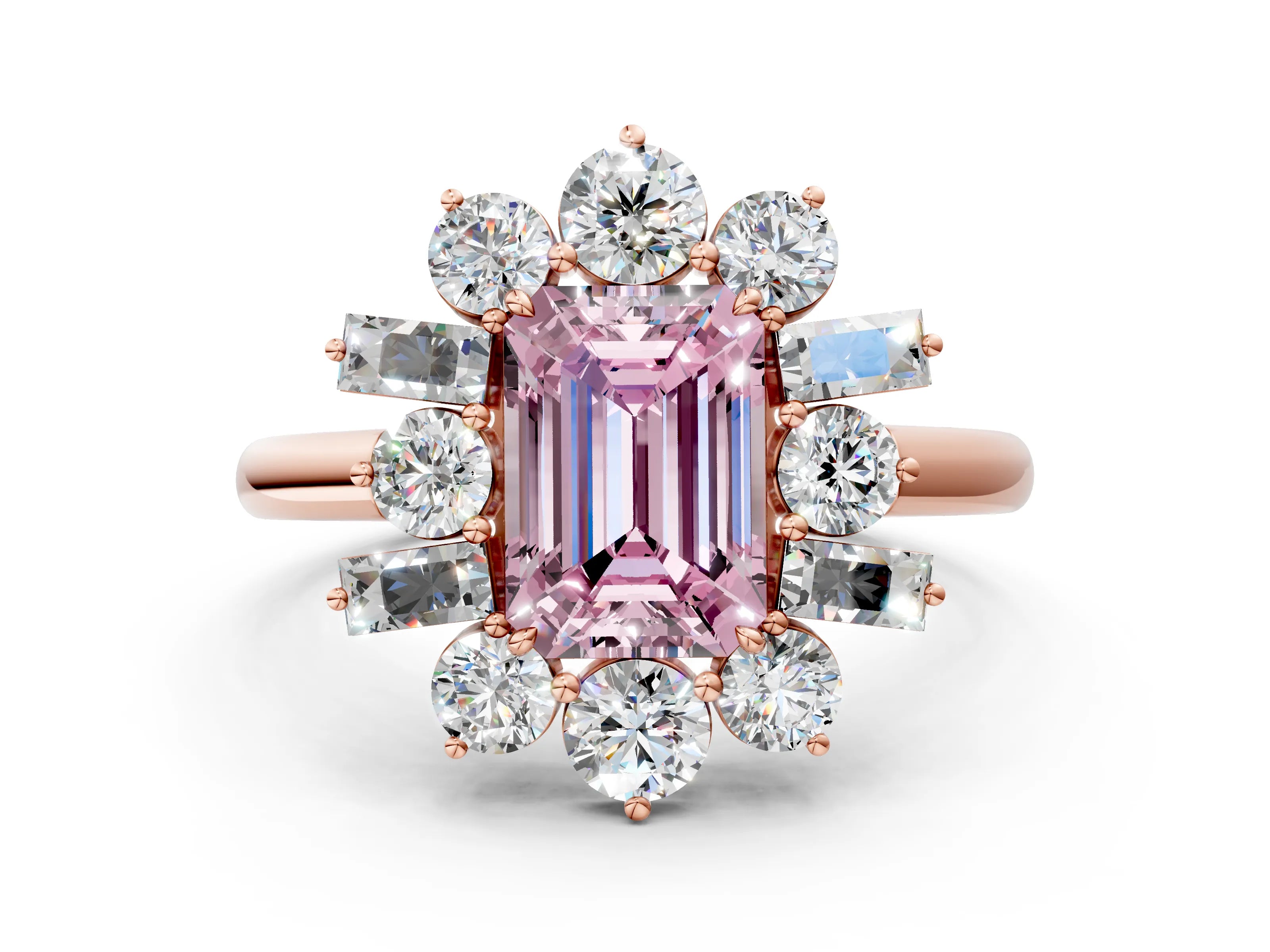 Rose gold Fancy Pink Emerald Cut Diamond Cluster Ring with Round and Baguette Stones, Split Shank Band, Prong Setting