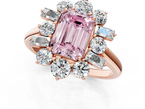 Rose gold Fancy Pink Emerald Cut Diamond Cluster Ring with Round and Baguette Stones, Split Shank Band, Prong Setting_1