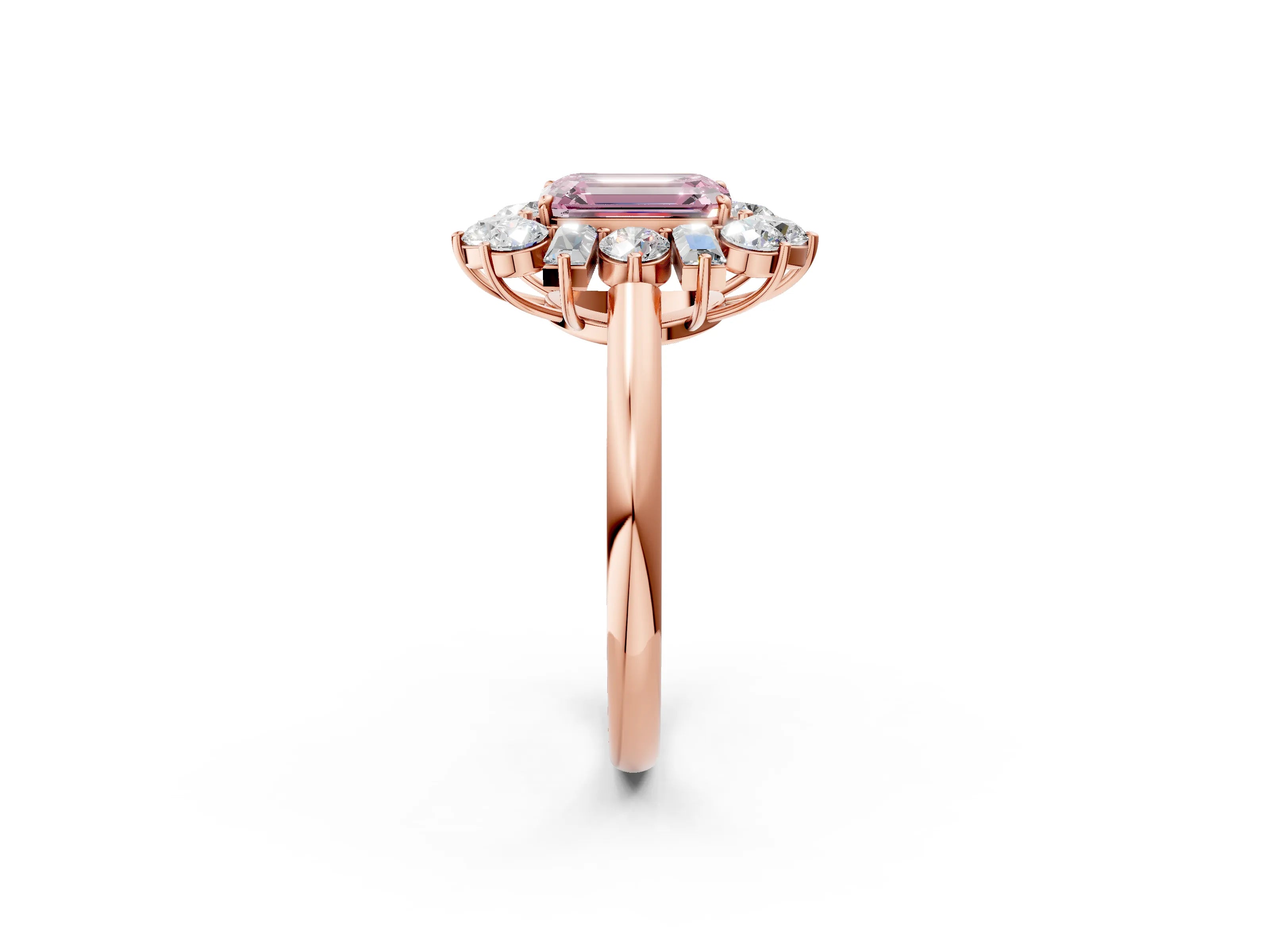 Rose gold Fancy Pink Emerald Cut Diamond Cluster Ring with Round and Baguette Stones, Split Shank Band, Prong Setting_2
