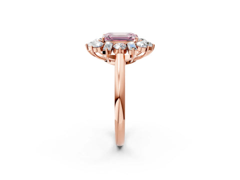 Rose gold Fancy Pink Emerald Cut Diamond Cluster Ring with Round and Baguette Stones, Split Shank Band, Prong Setting_2