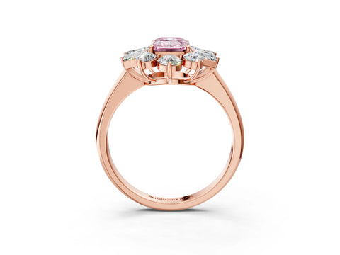 Rose gold Fancy Pink Emerald Cut Diamond Cluster Ring with Round and Baguette Stones, Split Shank Band, Prong Setting_3