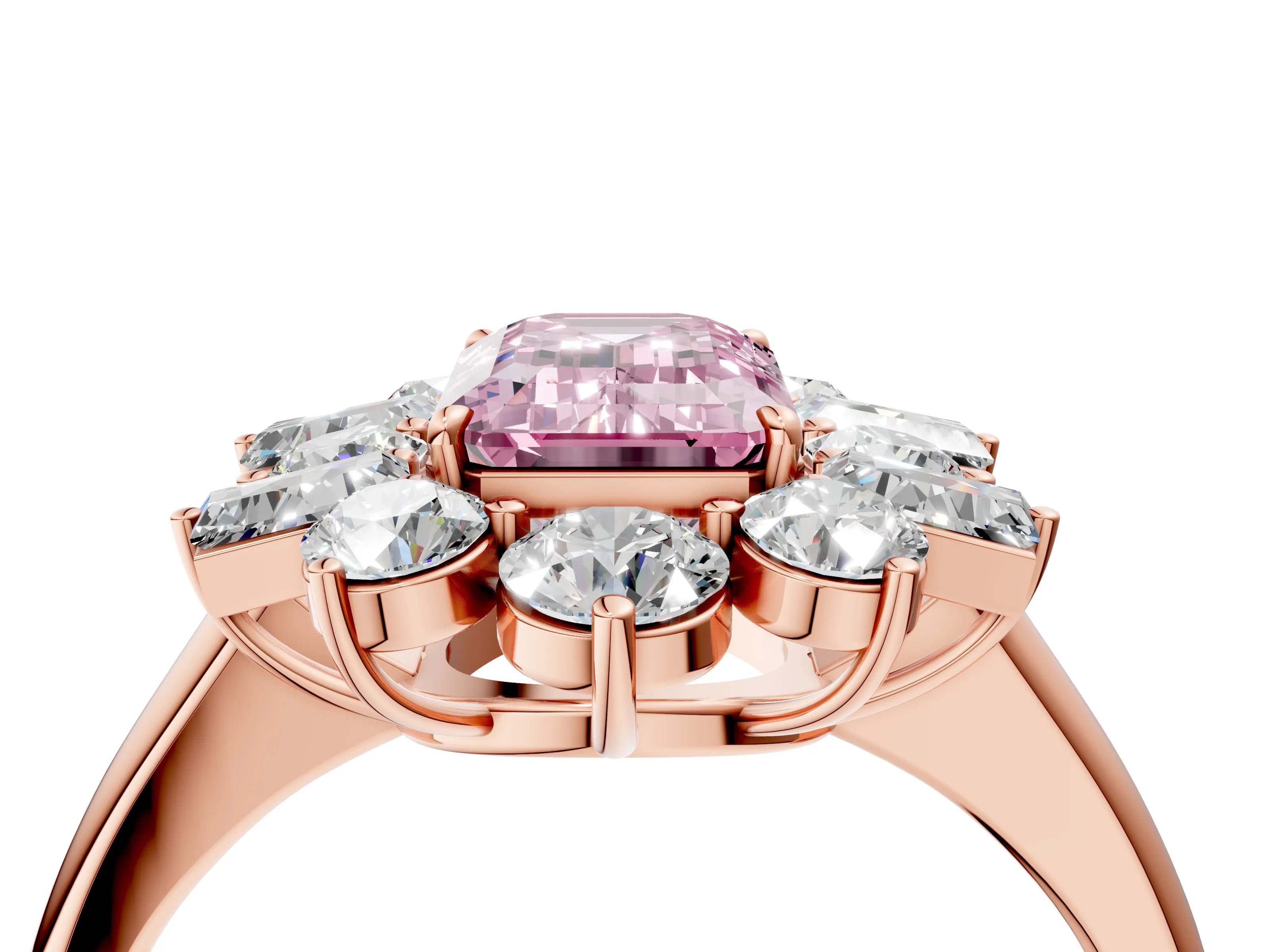 Rose gold Fancy Pink Emerald Cut Diamond Cluster Ring with Round and Baguette Stones, Split Shank Band, Prong Setting_4