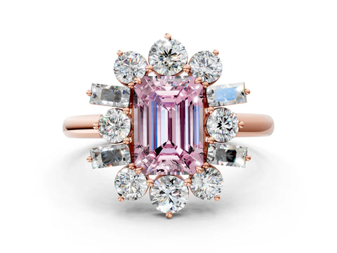 Rose gold Fancy Pink Emerald Cut Diamond Cluster Ring with Round and Baguette Stones, Split Shank Band, Prong Setting