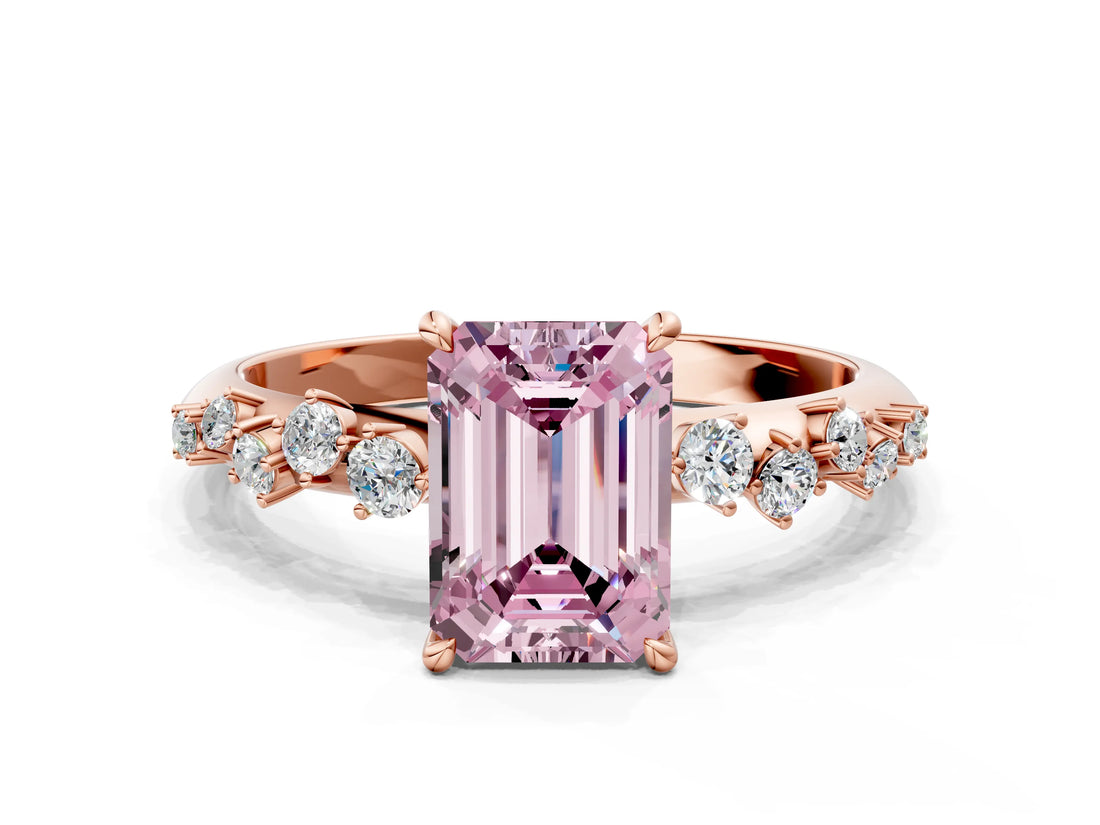 Rose gold Fancy Pink Emerald Cut Diamond Cluster Side Stone Solitaire Ring with Prong Setting_53