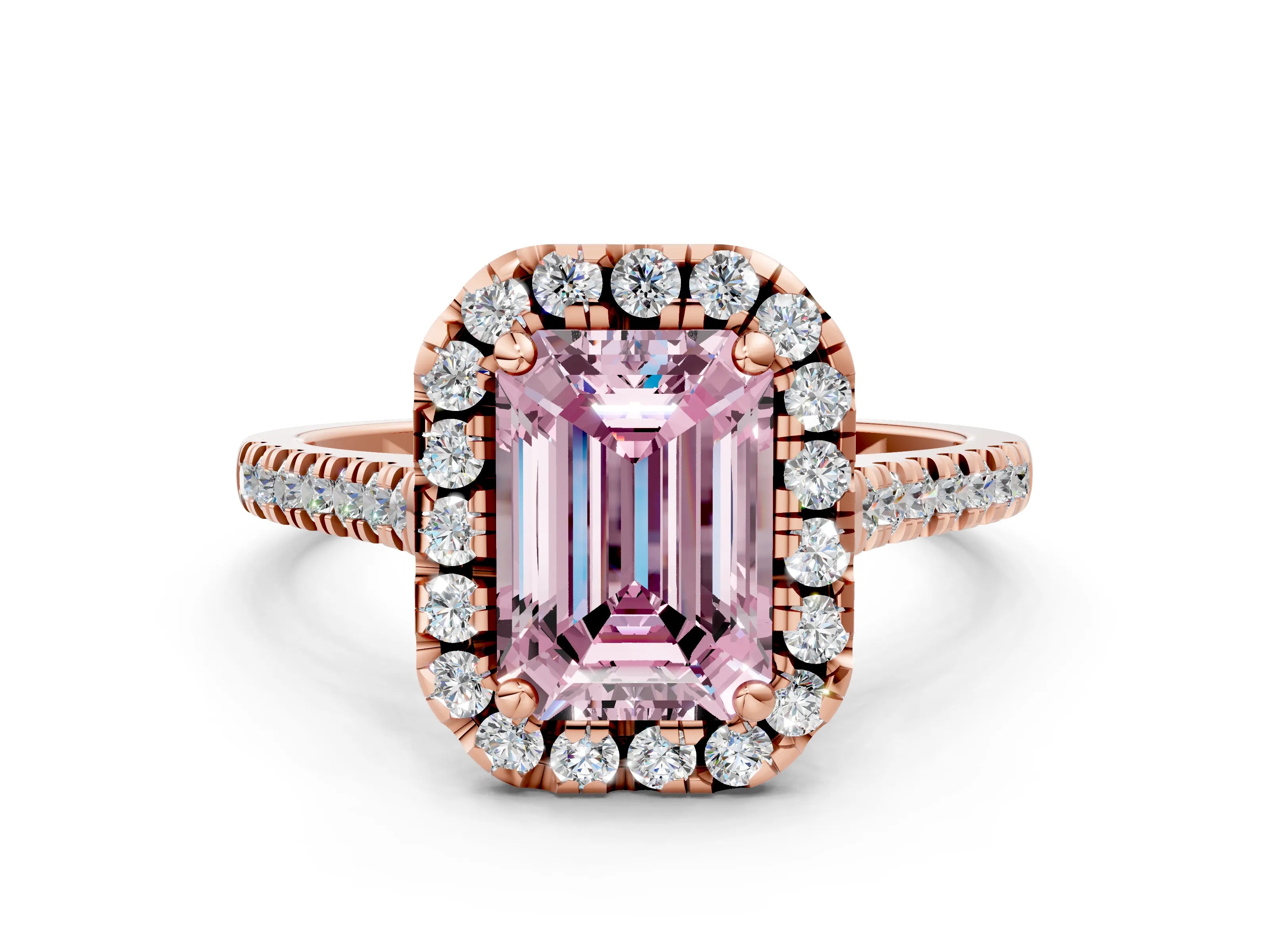 Rose gold Fancy Pink Emerald Cut Diamond Cushion Halo Ring with Pavé Band
