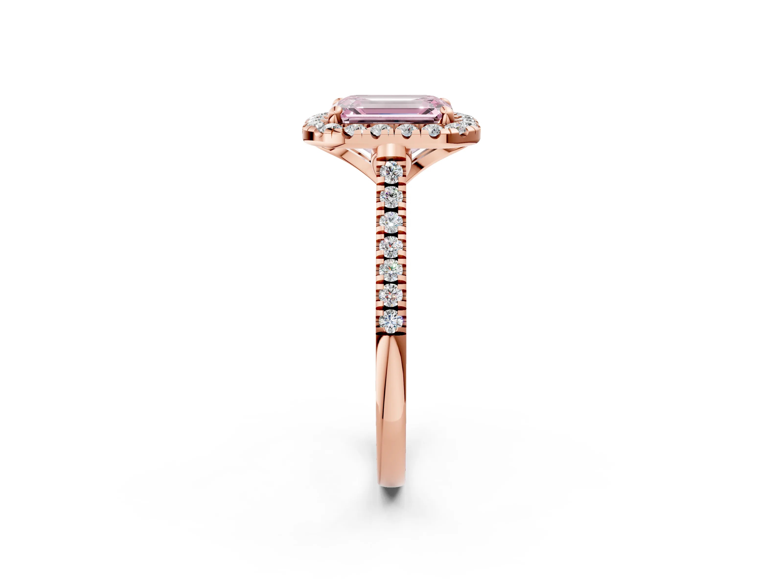 Rose gold Fancy Pink Emerald Cut Diamond Cushion Halo Ring with Pavé Band_2
