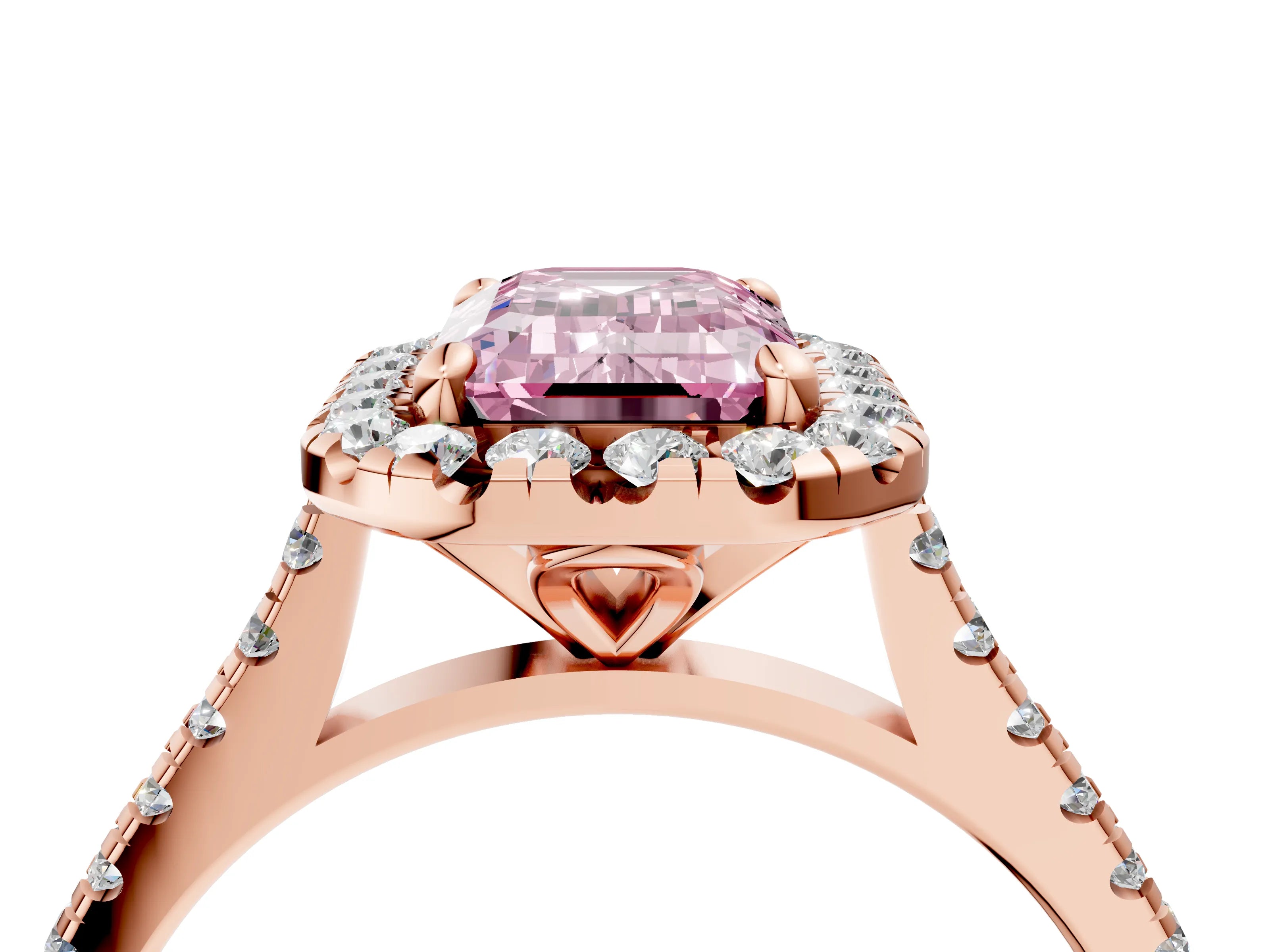 Rose gold Fancy Pink Emerald Cut Diamond Cushion Halo Ring with Pavé Band_4