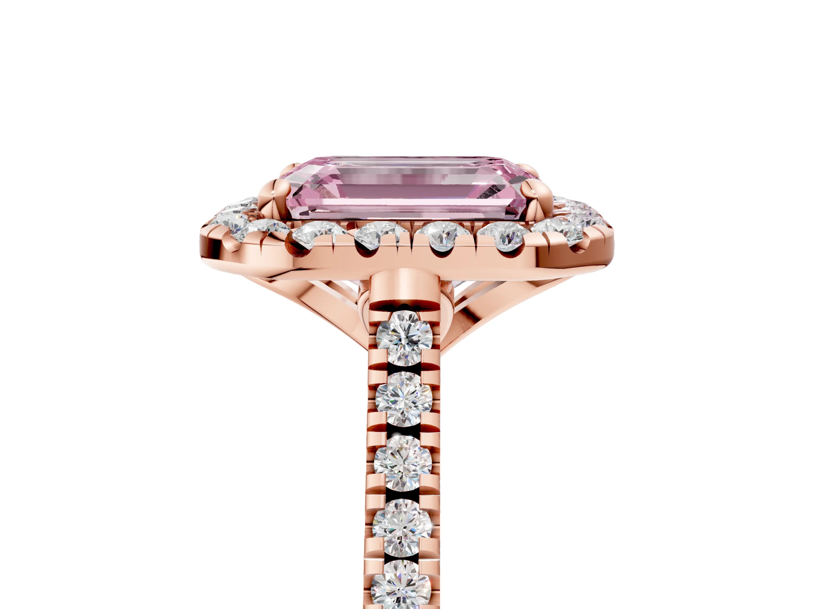Rose gold Fancy Pink Emerald Cut Diamond Cushion Halo Ring with Pavé Band_5