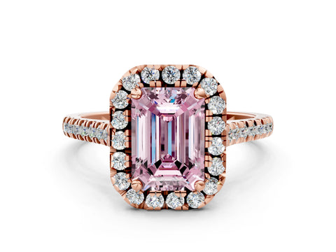 Rose gold Fancy Pink Emerald Cut Diamond Cushion Halo Ring with Pavé Band