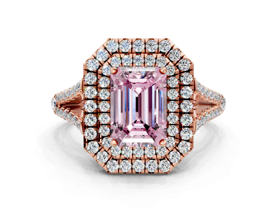 Rose gold Fancy Pink Emerald Cut Diamond Double Halo Ring with Pavé Band and Prong Setting_72