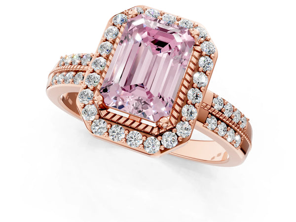 Rose gold Fancy Pink Emerald Cut Diamond Double Halo Ring with Split Shank and Four-Prong Setting