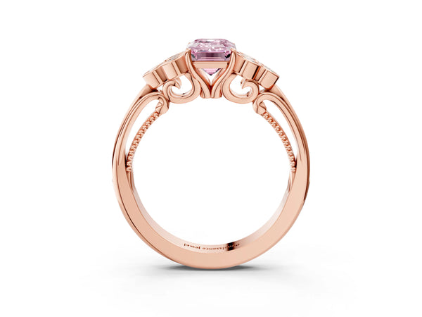 Rose Gold Emerald Cut Engagement Ring Setting for Fancy Pink Center with Bezel-Set Shoulder Clusters