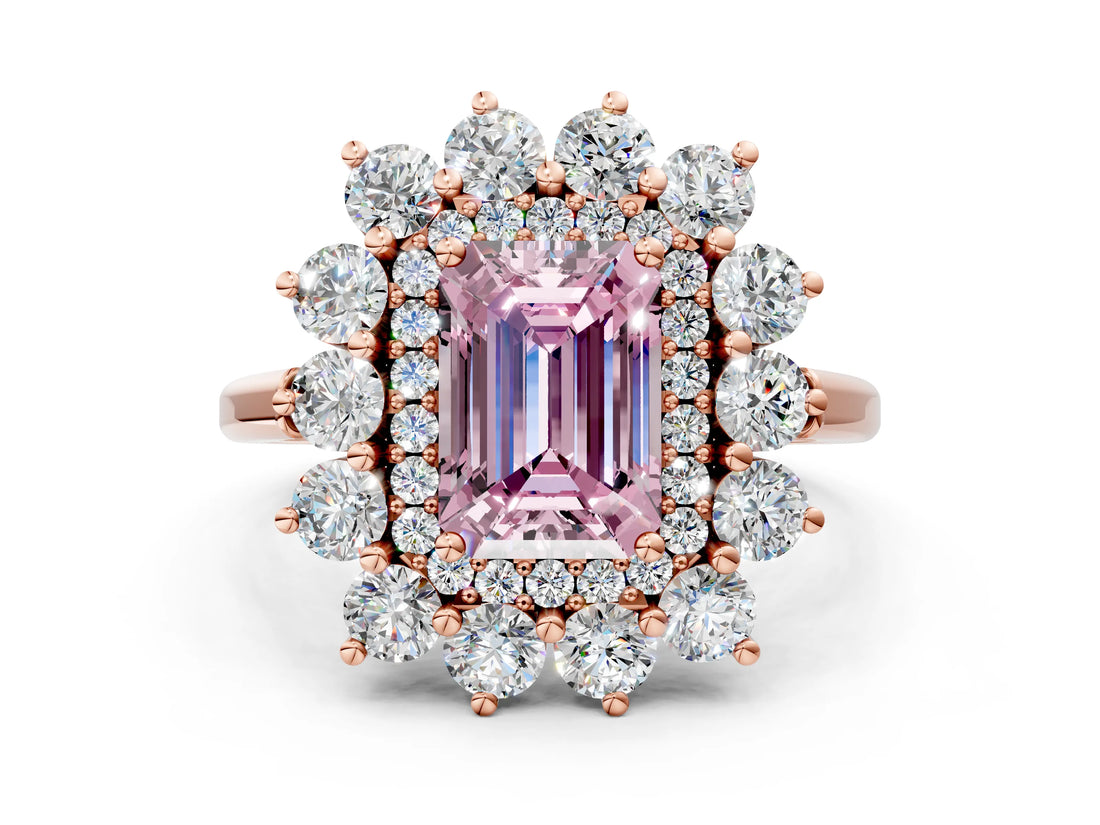 Rose gold Fancy Pink Emerald Cut Diamond Floral Double Halo Engagement Ring with Prong Setting_24