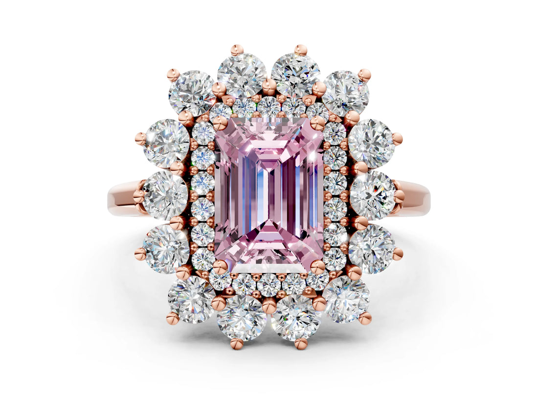 Rose gold Fancy Pink Emerald Cut Diamond Floral Double Halo Engagement Ring with Prong Setting_72