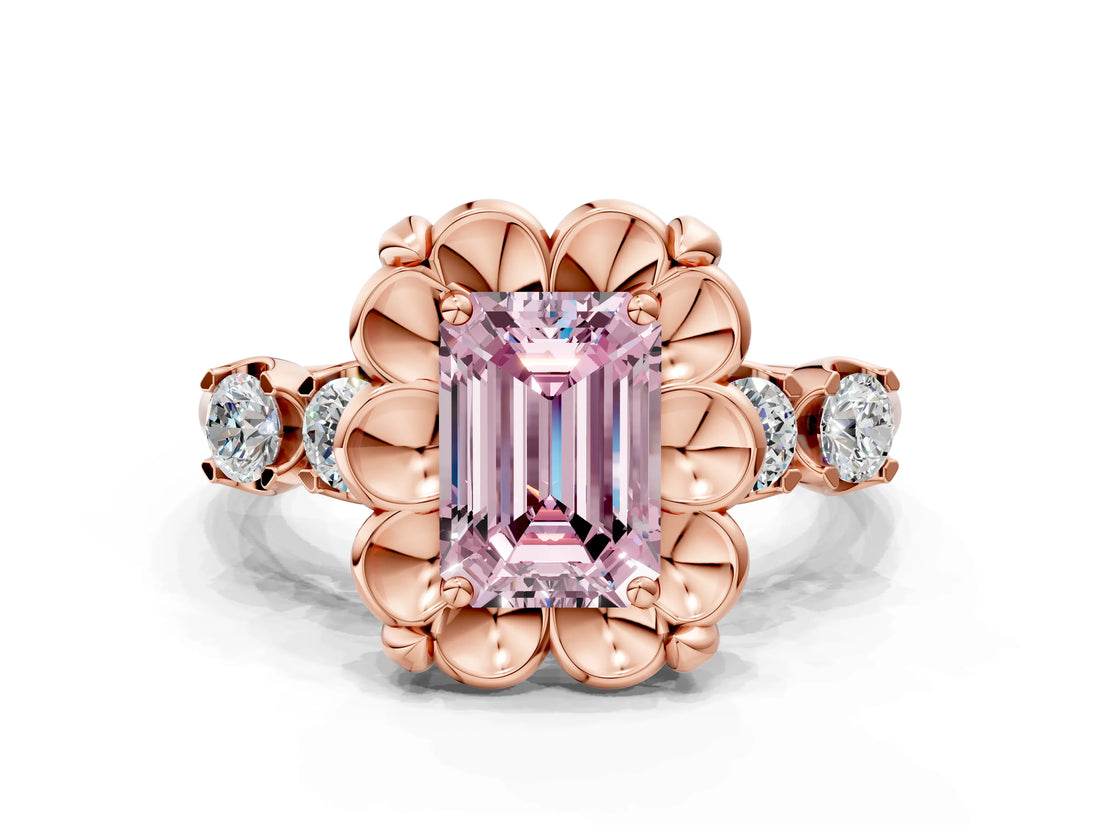 Rose gold Fancy Pink Emerald  Cut Diamond Floral Halo Engagement Ring with Shared Prong Setting 1
