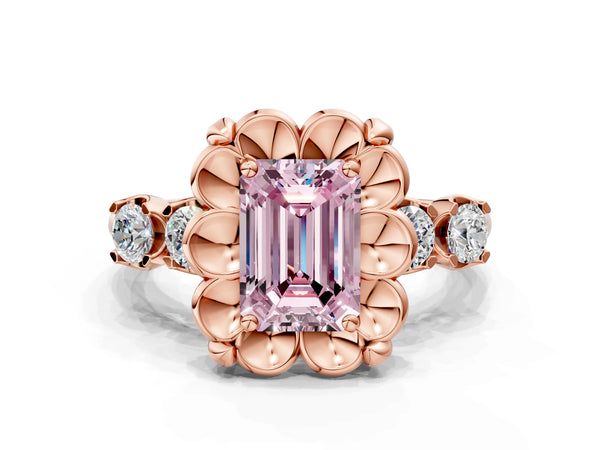 Rose gold Fancy Pink Emerald  Cut Diamond Floral Halo Engagement Ring with Shared Prong Setting