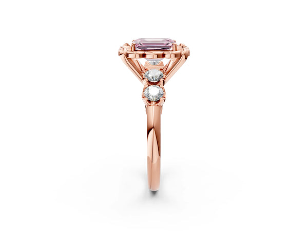 Rose gold Fancy Pink Emerald  Cut Diamond Floral Halo Engagement Ring with Shared Prong Setting