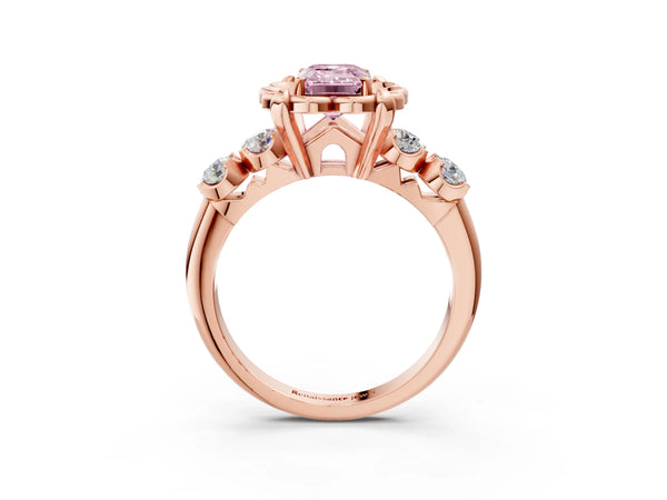 Rose gold Fancy Pink Emerald  Cut Diamond Floral Halo Engagement Ring with Shared Prong Setting