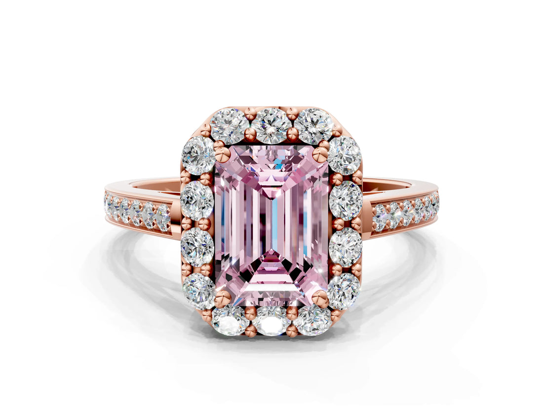 Rose gold Fancy Pink Emerald Cut Diamond Floral Halo Ring with Pavé Band and Prong Setting_3