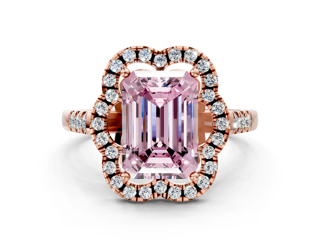 Rose gold Fancy Pink Emerald Cut Diamond Floral Halo Split Shank Prong Setting Ring