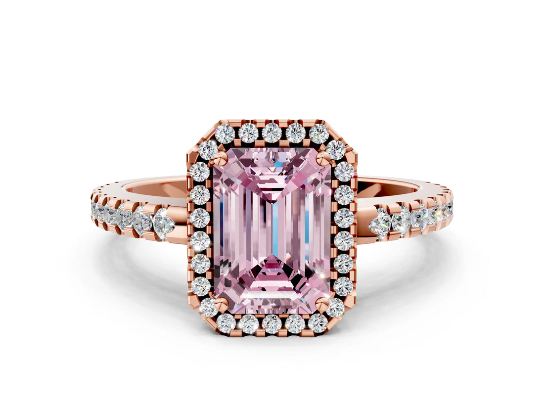 Rose gold Fancy Pink Emerald Cut Diamond Halo Engagement Ring with Pavé Band and Prong Setting_27