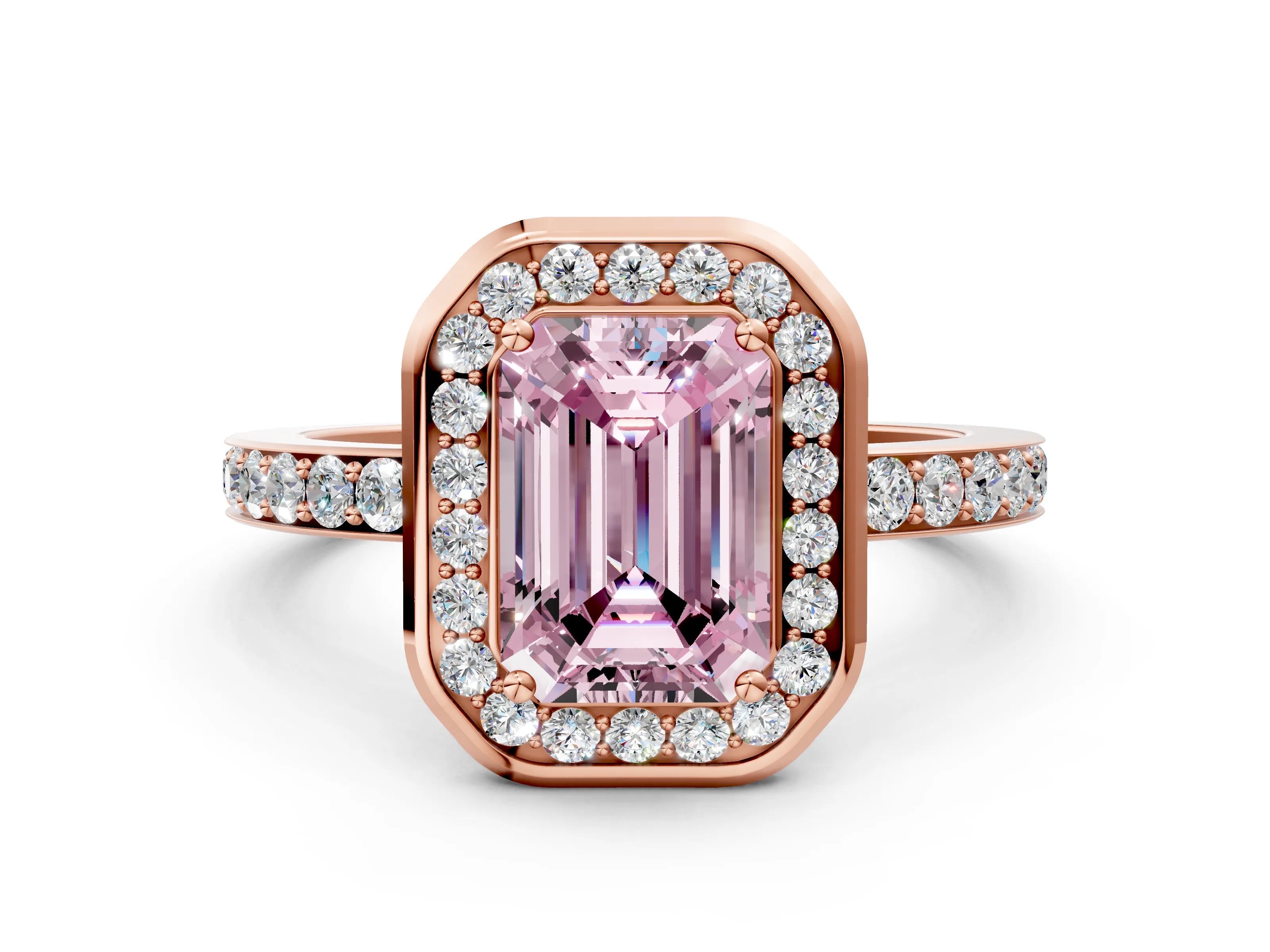 Rose gold Fancy Pink Emerald Cut Diamond Halo Ring with Bezel Frame and Pavé Band