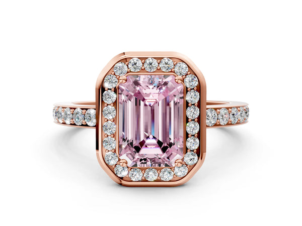 Rose gold Fancy Pink Emerald Cut Diamond Halo Ring with Bezel Frame and Pavé Band