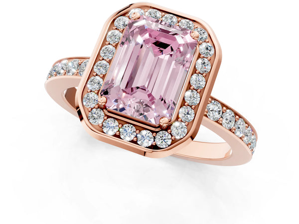 Rose gold Fancy Pink Emerald Cut Diamond Halo Ring with Bezel Frame and Pavé Band